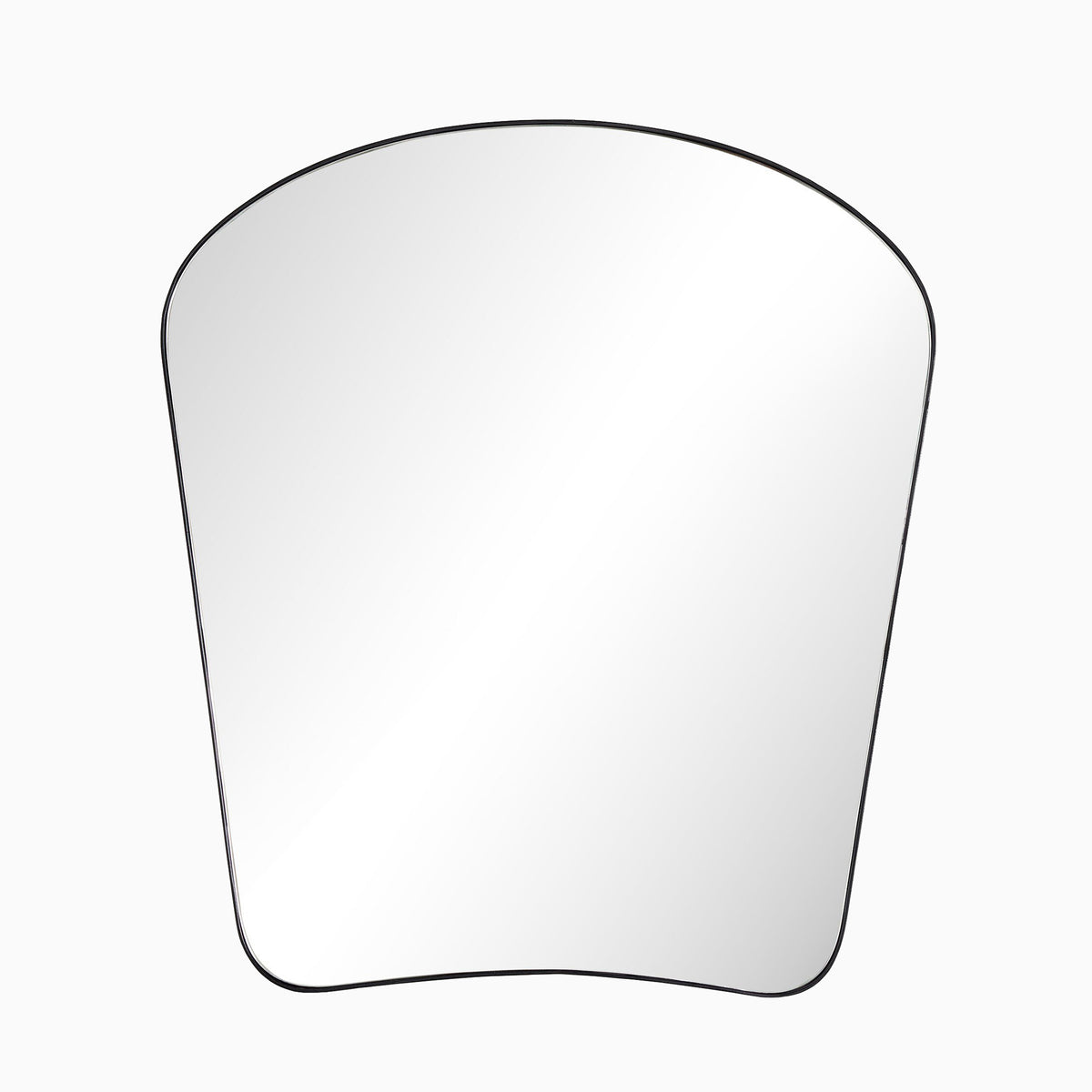 Sculptural mirror with a flared silhouette and matte black frame made of aluminum, blending organic curves with minimalist modern design.