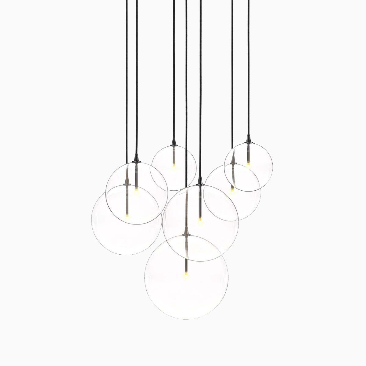 Modern black gunmetal chandelier featuring suspended glass orbs in a cascading cluster for sculptural elegance.