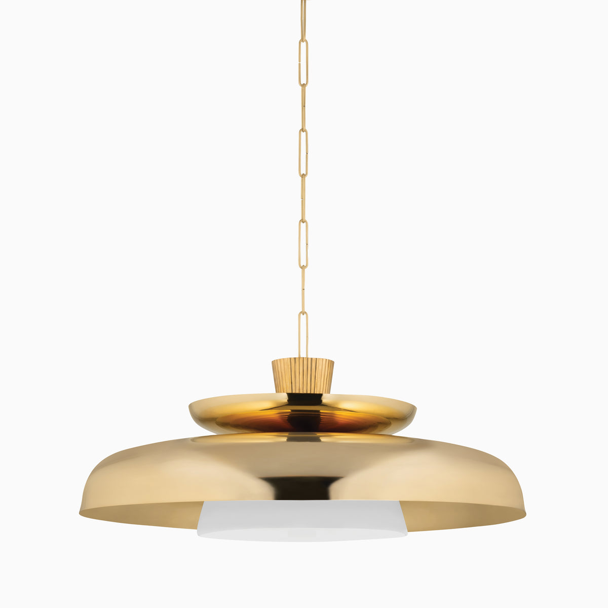 Oversized vintage brass pendant with layered dome silhouette and opal diffuser on chain suspension.