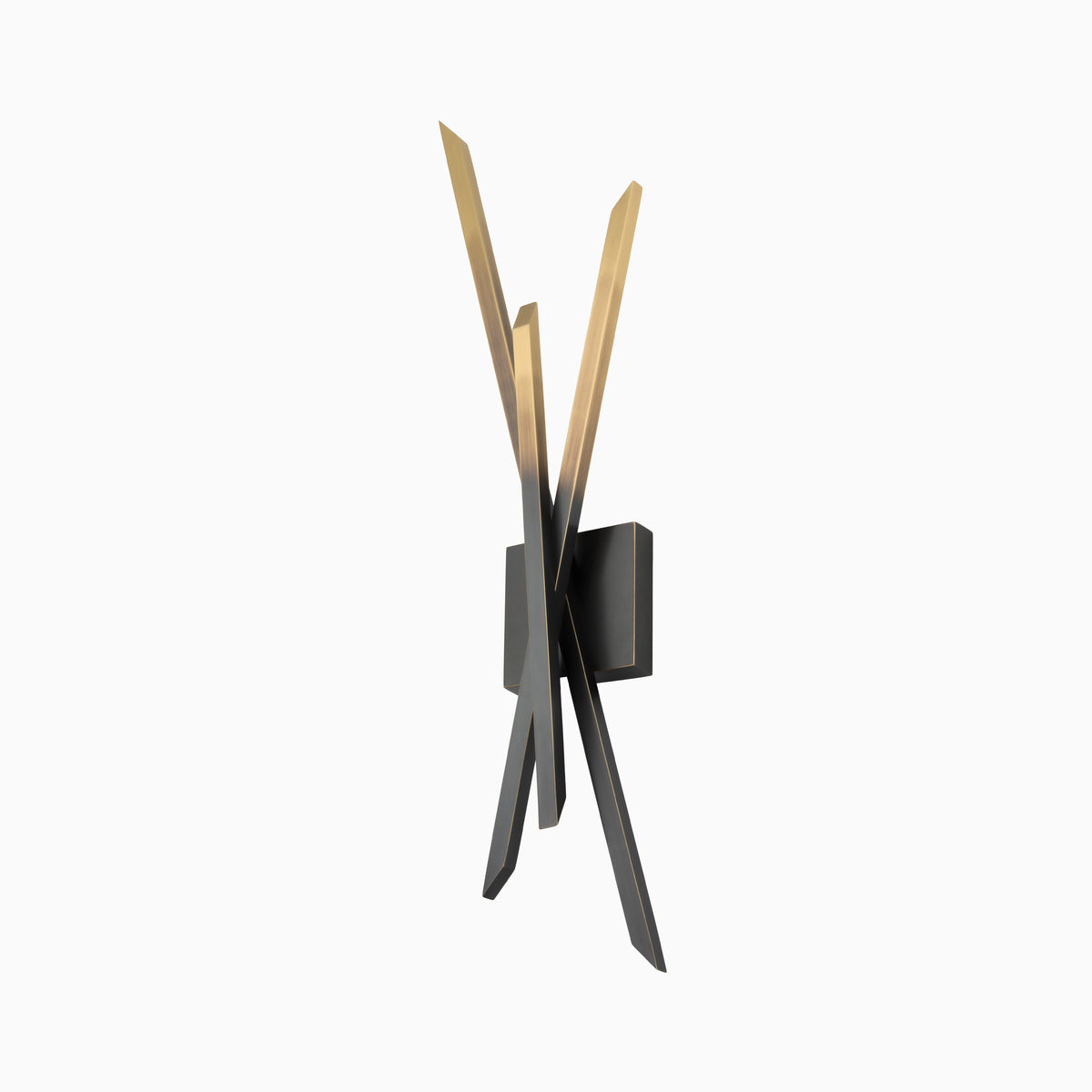 Sculptural black and gold wall sconce with intersecting angular blades creating a dramatic, modern silhouette
