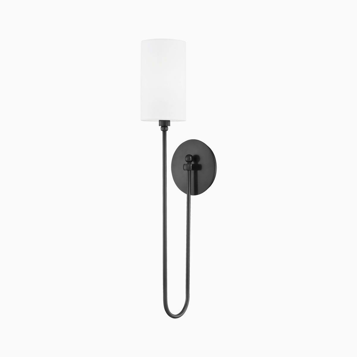 Foley wall sconce in old bronze with an elegant curved arm and crisp white shade, offering timeless contrast and ambient warmth.