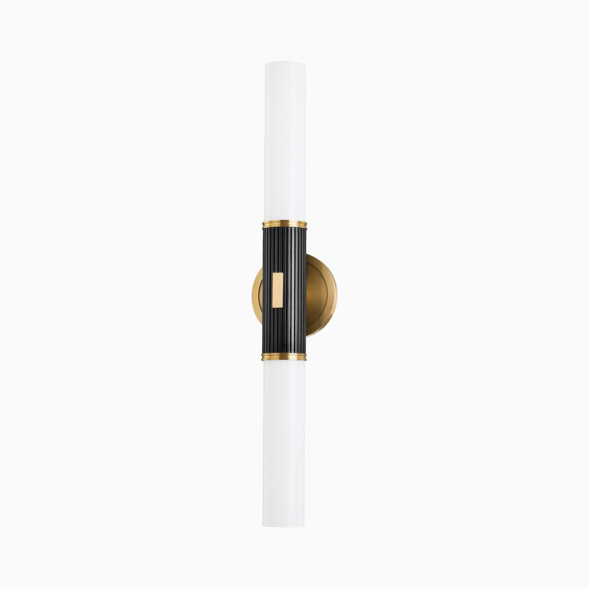 Gallagher wall sconce in aged antique distressed bronze with fluted black center and dual white glass tubes, balancing bold contrast with sleek symmetry.