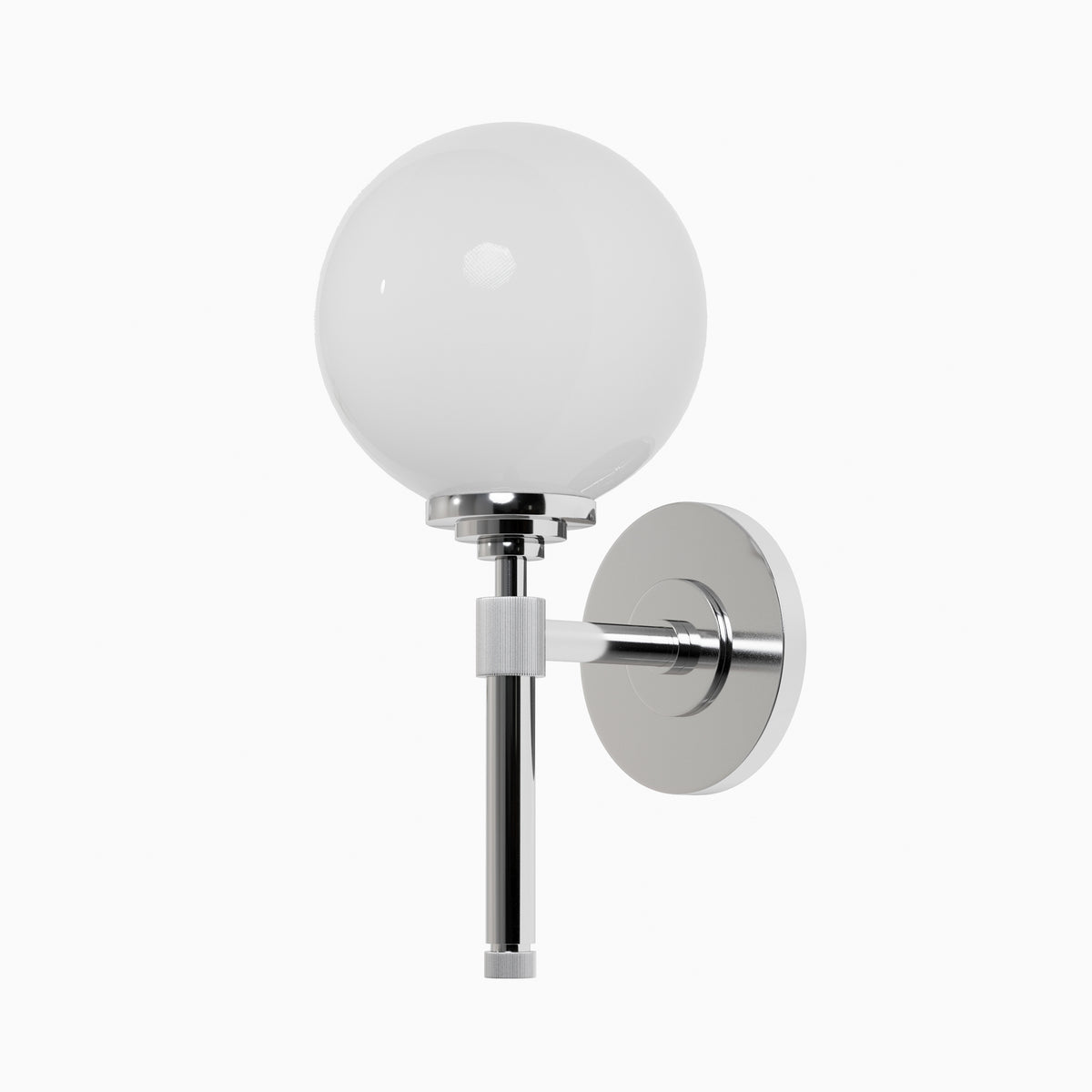 Wall sconce with polished nickel finish, opal glass globe shade, upright silhouette, and sleek round backplate for ambient lighting.