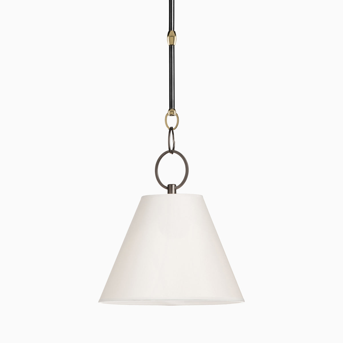 12” pendant with conical parchment shade and dark rod, linked by a bronze ring accent for a warm, modern minimalist look.