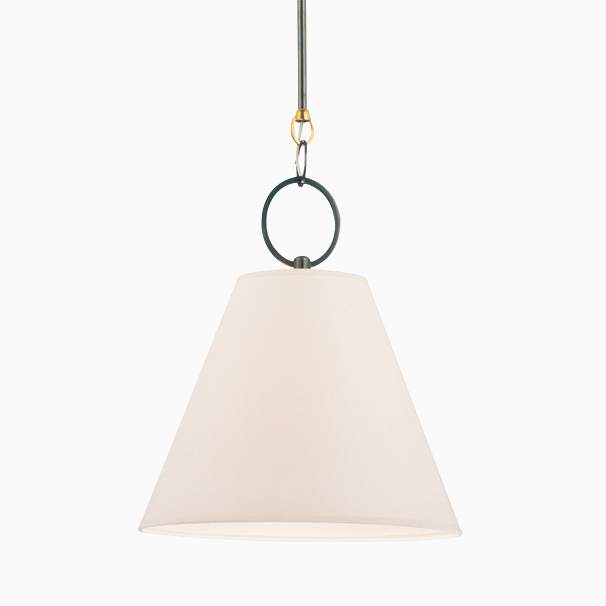 Pendant with a conical parchment shade, suspended by a dark rod and bronze ring accent, blending classic form with warm modern detail.