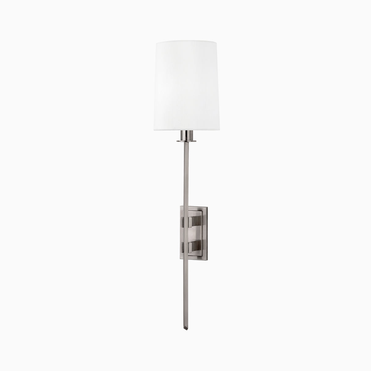 Our Johansson Wall Sconce in Antique Nickel features a tapered faux silk shade and a slender rod anchored to a clean rectangular backplate.