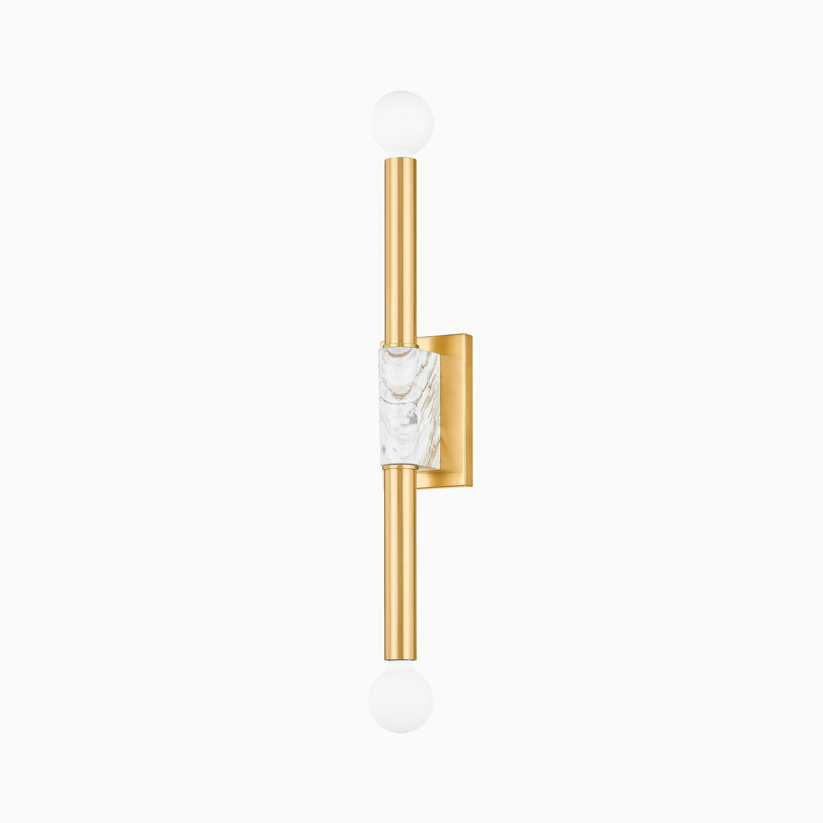 Larson Wall Sconce in Aged Brass features two frosted bulbs and a striking white marble slab wrapped in a brushed gold finish, perfect for luxe modern spaces.