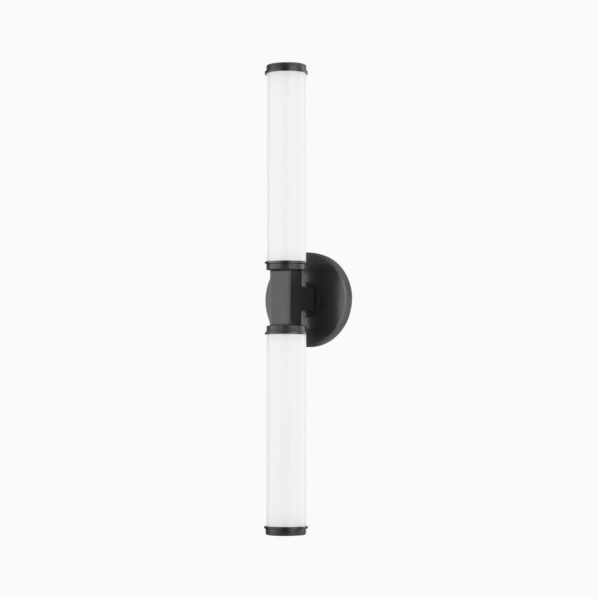 Sleek vertical wall sconce with dual cylindrical white glass cylinder lights and a central matte black mount for modern symmetry