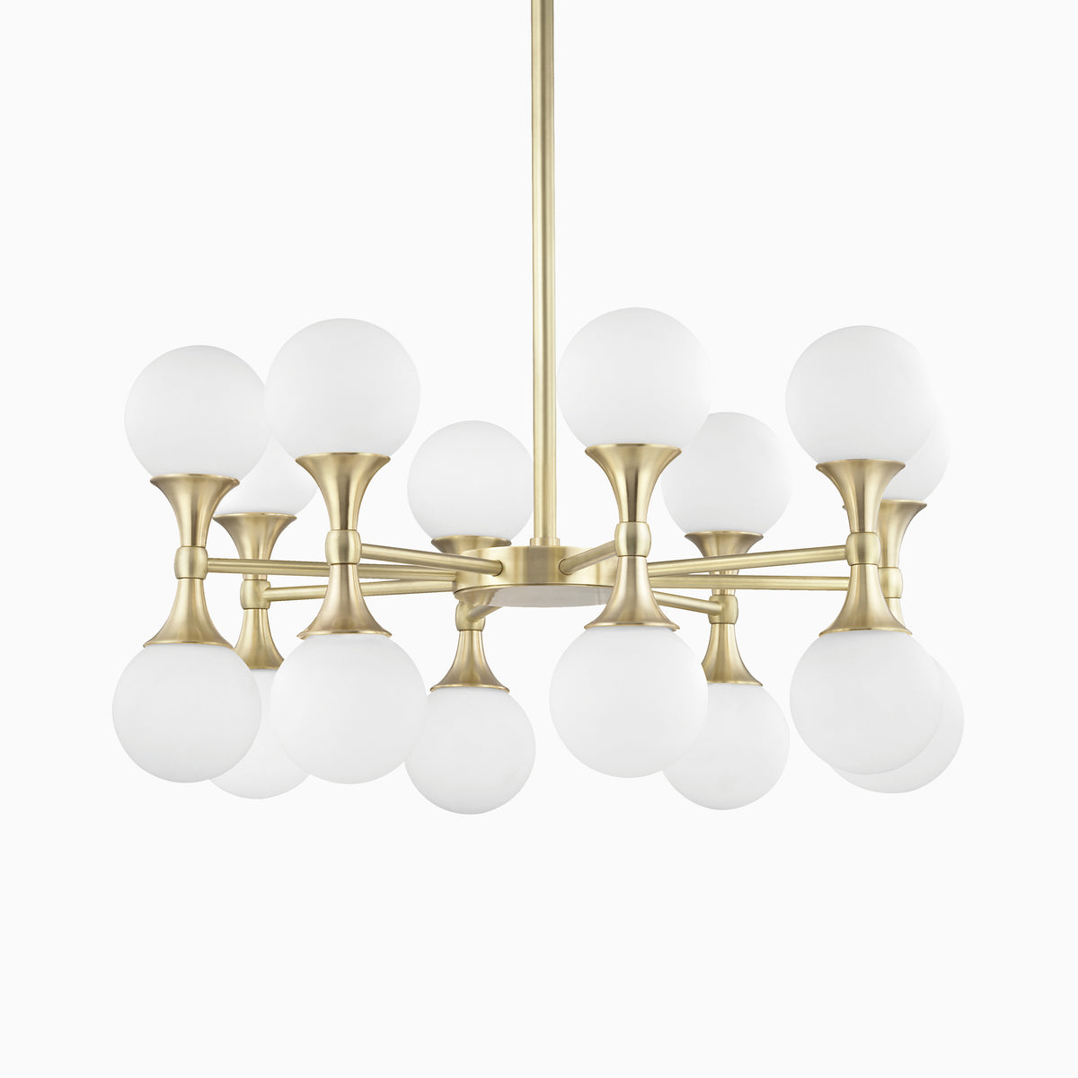 Modern chandelier with an aged brass frame and multiple double-cone arms, each supporting two frosted glass globes in symmetrical rows.