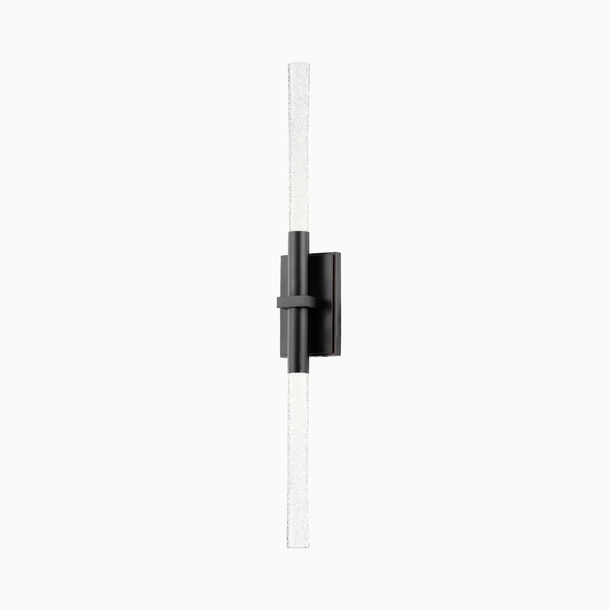 Modern vertical wall sconce with slender textured glass rods and a black brass rectangular mount, offering a sleek, linear profile.