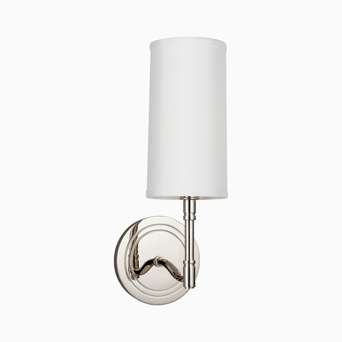 Polished nickel wall sconce with round backplate, curved arm, and tall cylindrical white fabric shade for a sleek modern lighting accent.
