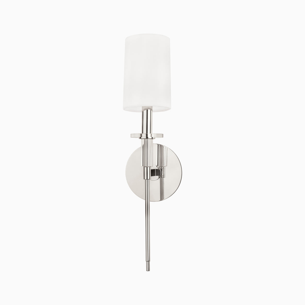 Polished nickel wall sconce with white cylindrical shade, slim vertical rod, and round backplate for a sleek modern lighting accent.