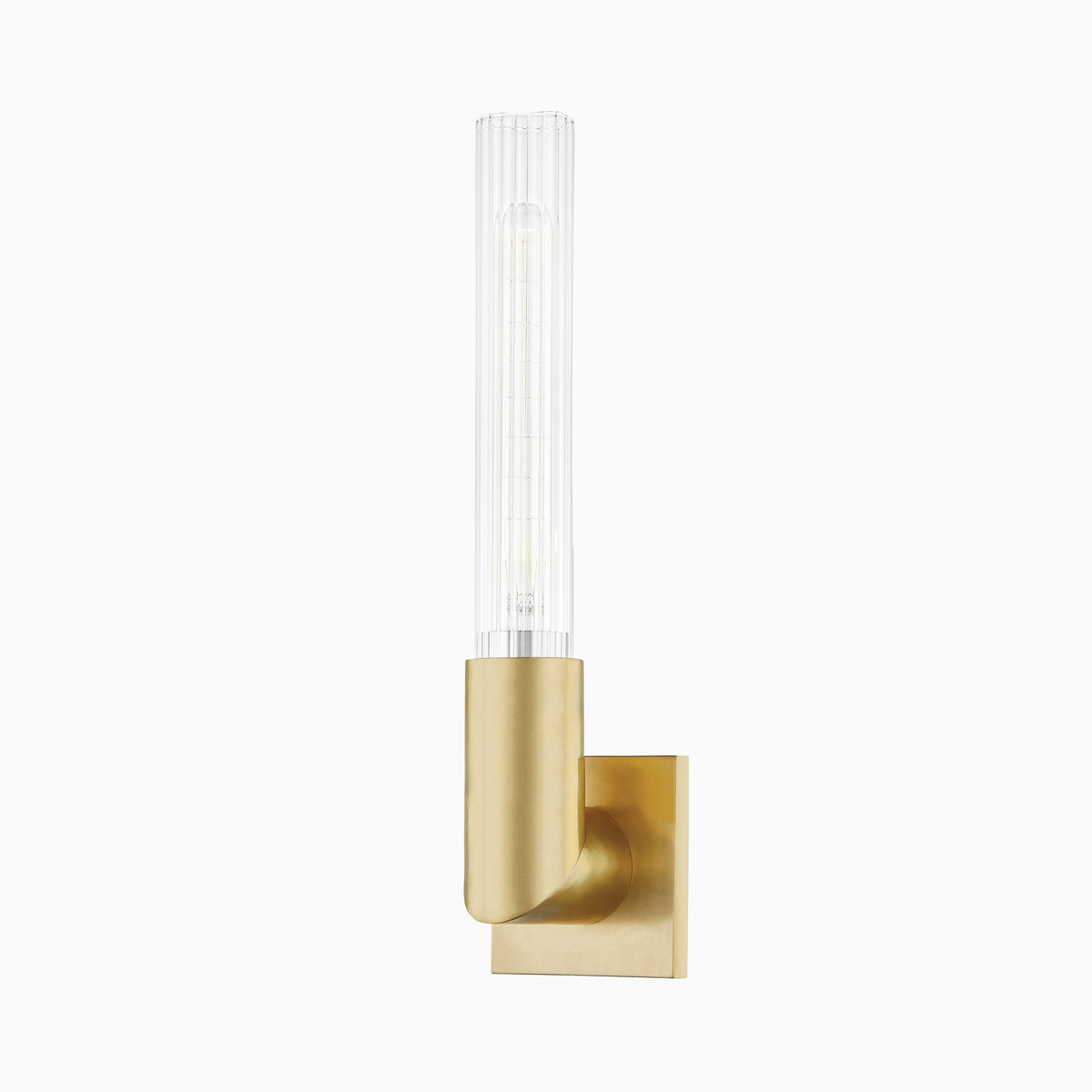 17 inches wall sconce with aged brass square backplate, curved arm, and tall fluted glass shade for a sleek, architectural accent.
