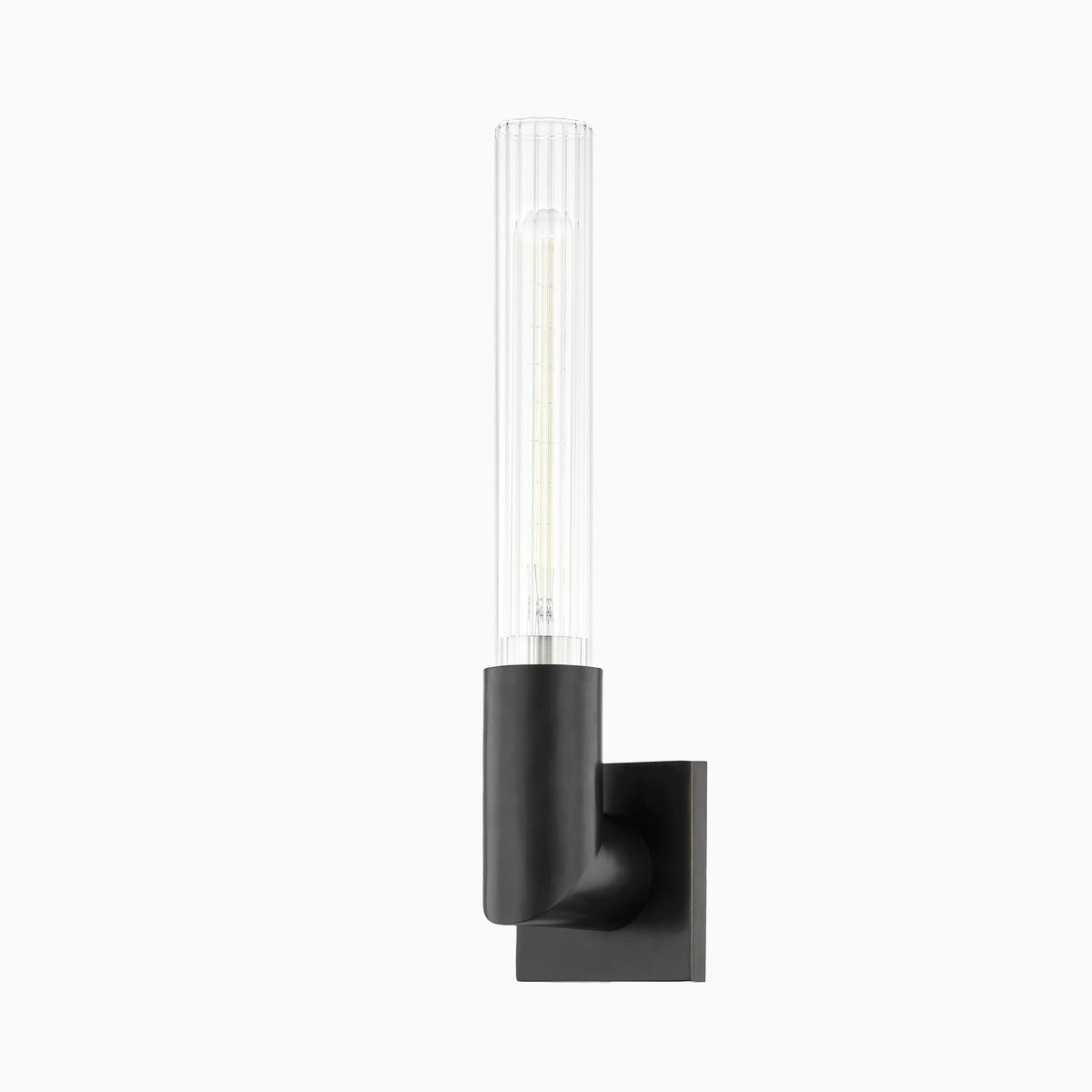17" wall sconce with old bronze finish in black metallic tones, right-angled arm, and tall fluted glass shade for a modern accent.