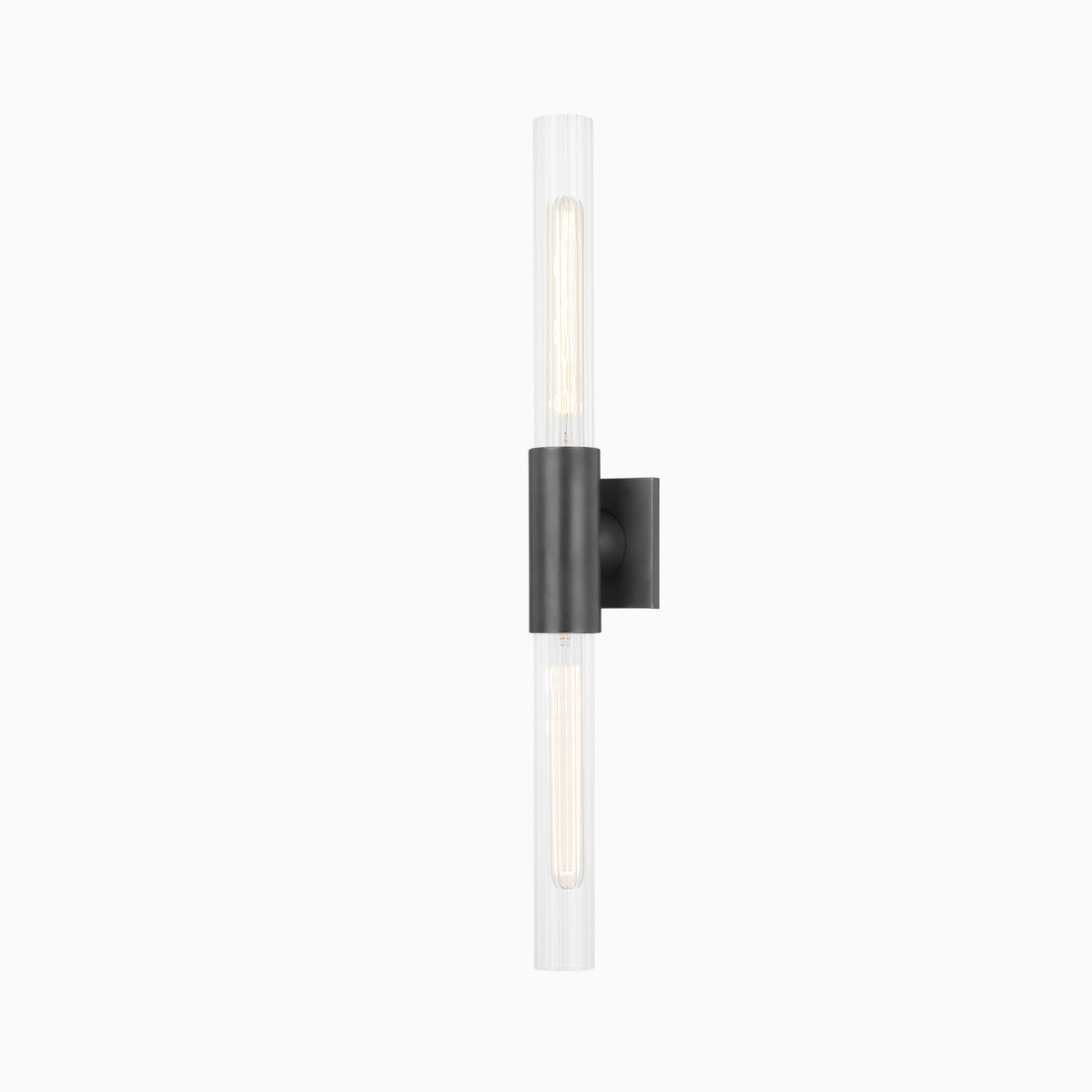 28" wall sconce with matte old bronze finish, central rounded mount, and dual fluted glass column shades for modern ambient lighting.