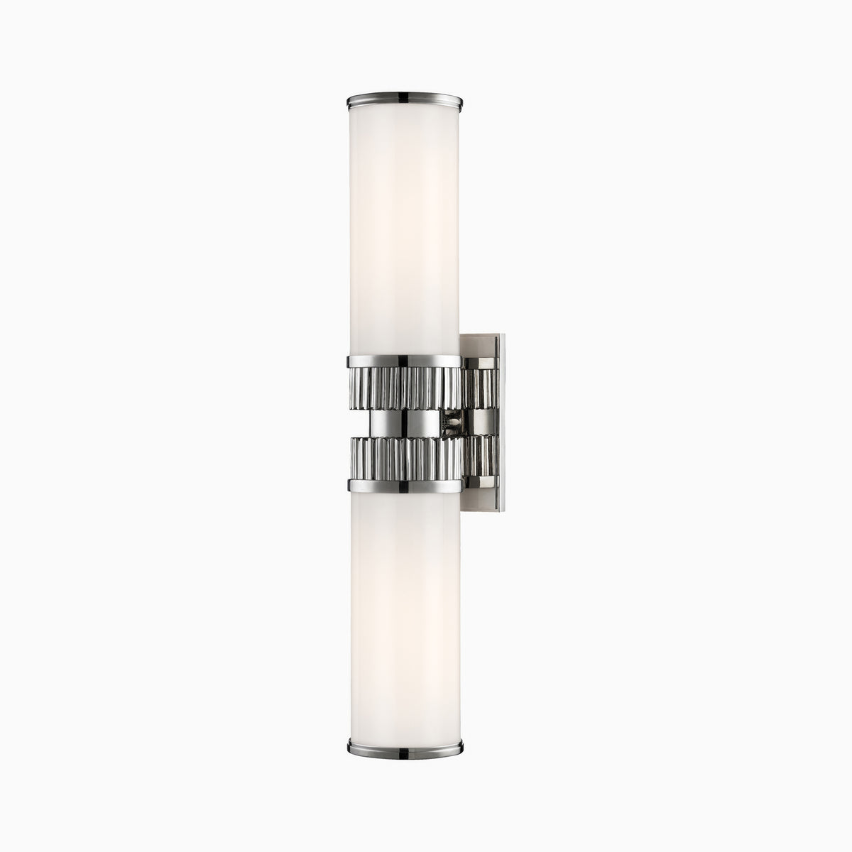 Wall sconce with twin opal glass cylinders and fluted polished nickel center band, bringing refined symmetry and luminous shine.