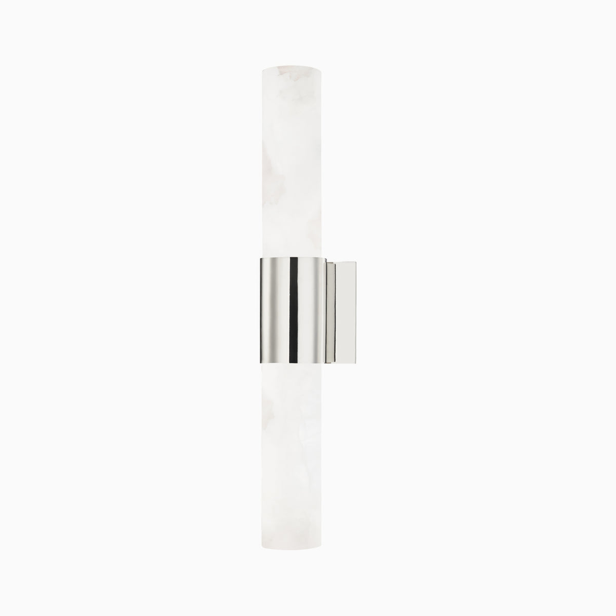 Wall sconce with vertical alabaster column and polished nickel cuff, uniting soft stone veining with sleek, modern luster.