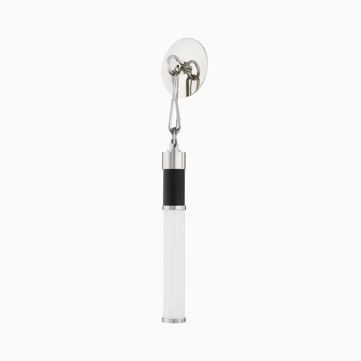 Vertical wall sconce with frosted cylindrical diffuser, black center accent, and polished nickel mount for sleek contemporary lighting.