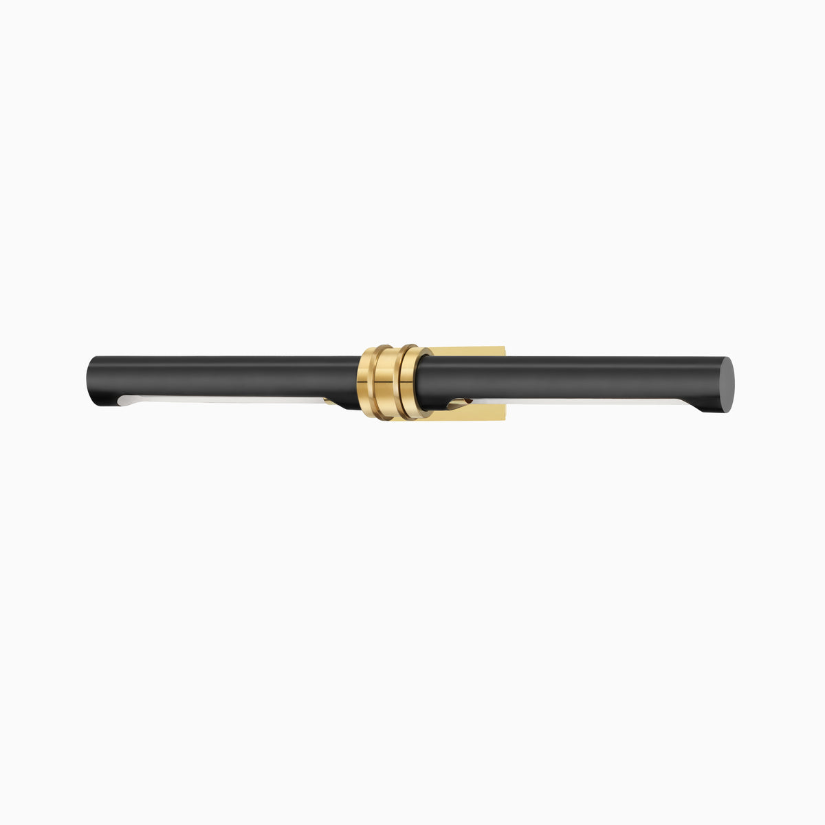 Modern black picture light with sleek cylindrical form and central brass detailing for a refined, minimalist accent