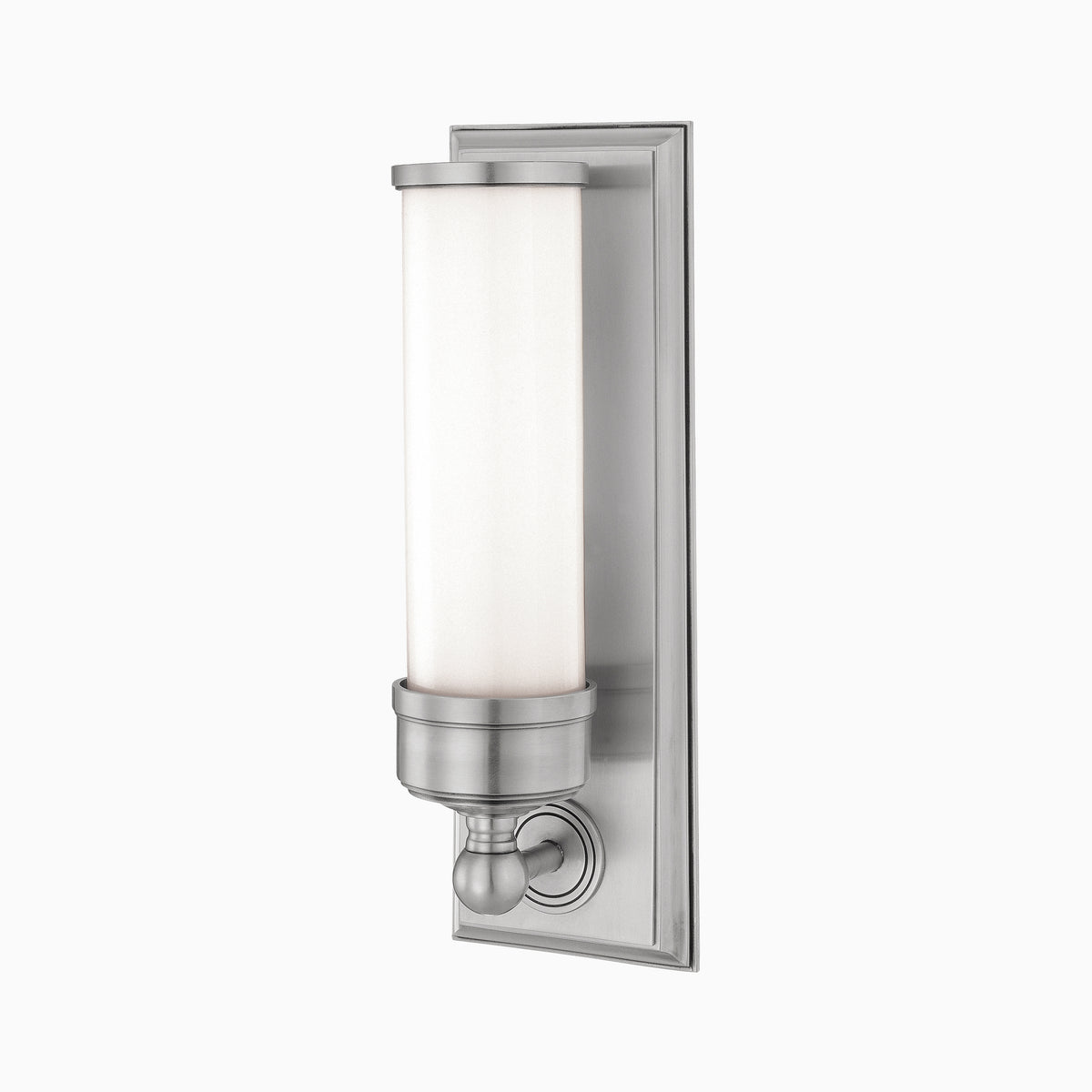 Brushed nickel wall sconce with cylindrical frosted glass shade and traditional base detailing for a timeless, transitional look