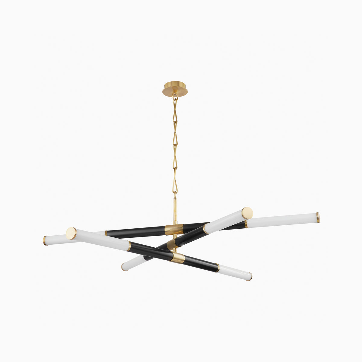 Modern chandelier with intersecting black arms, frosted linear tubes, and aged bronze accents suspended from a minimalist chain mount.
