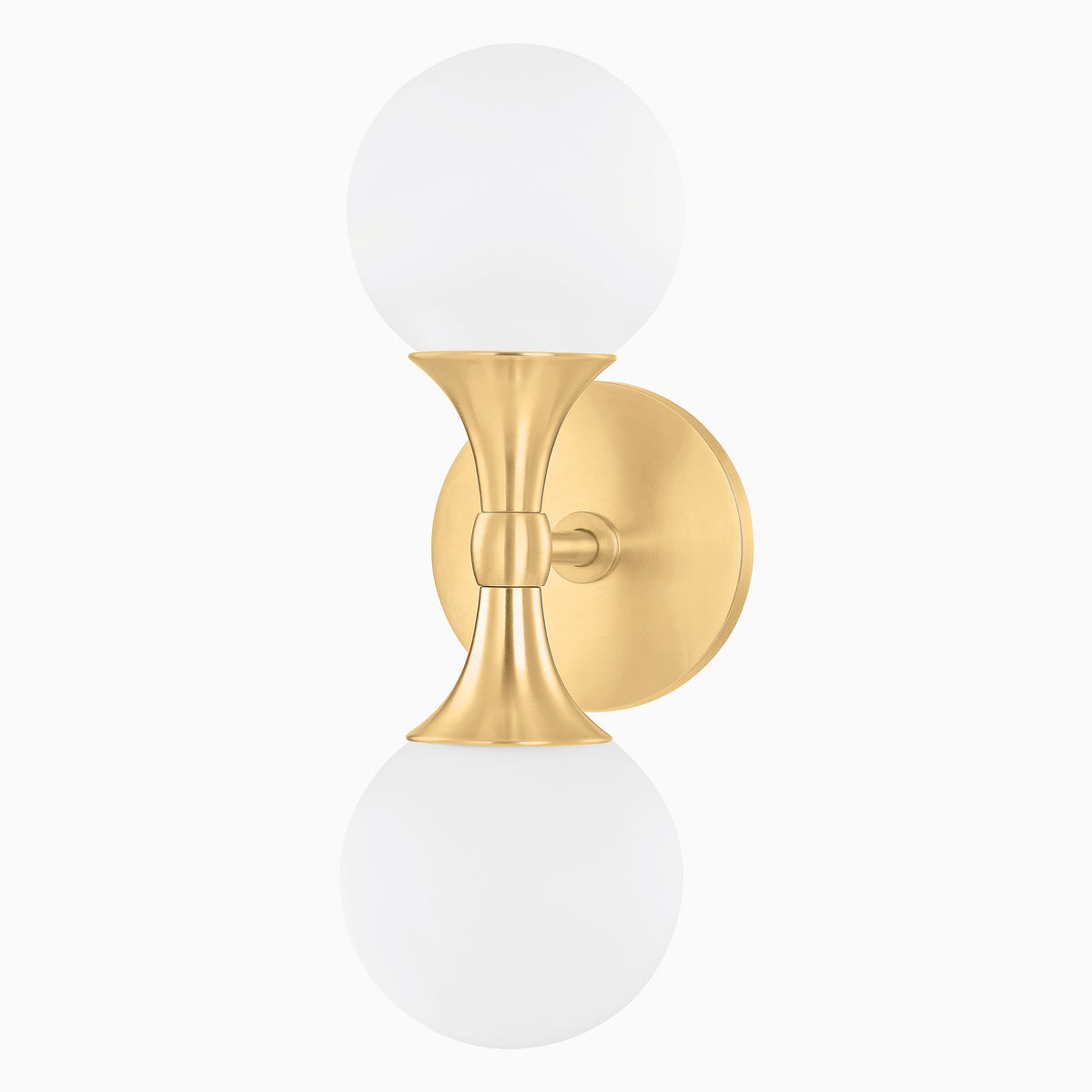 Vintage golden sconce with twin frosted glass globes in a sleek hourglass silhouette.