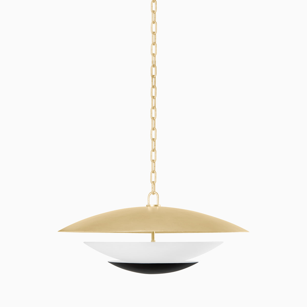 26.5-inch pendant light with a vintage gold leaf top shade, white middle bowl, and soft black base, hanging from a gold chain.