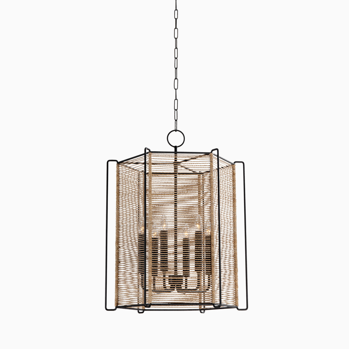 Textured black lantern with geometric frame and woven rope detailing, showcasing a layered design that blends rustic and modern style.