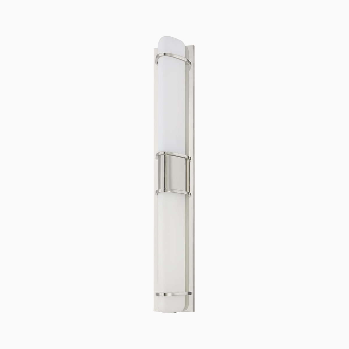 Slim wall sconce with a matte triangular glass shade and polished nickel accents, offering sleek, modern ambient lighting.