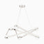 Geometric suspension light in polished chrome, featuring crisscrossing beams with frosted globes that balance modern artistry and functional lighting.