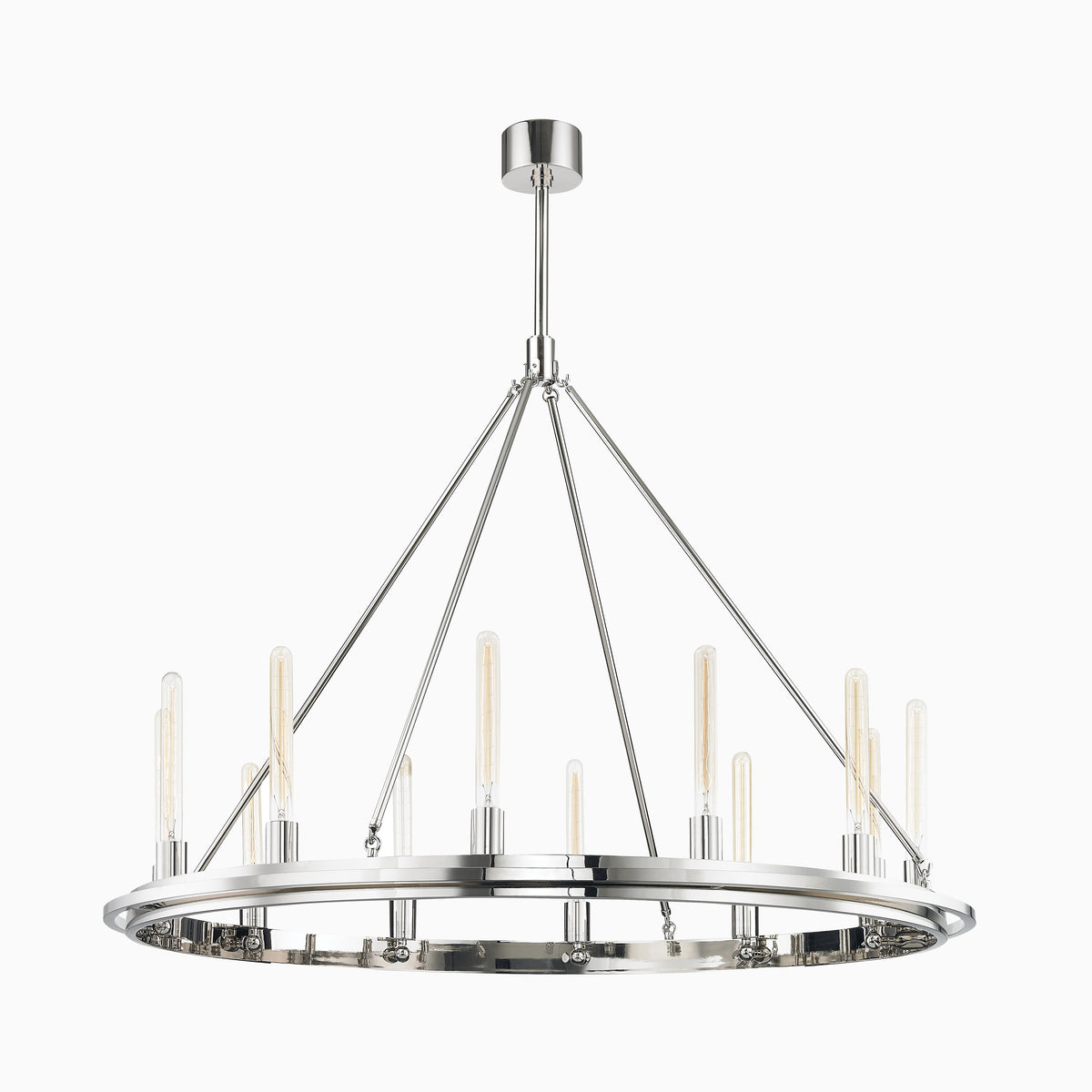 Modern chrome chandelier with a circular frame and vertical exposed bulbs, suspended by sleek cables for a bold statement in dining or living spaces.