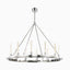 Modern chrome chandelier with a circular frame and vertical exposed bulbs, suspended by sleek cables for a bold statement in dining or living spaces.