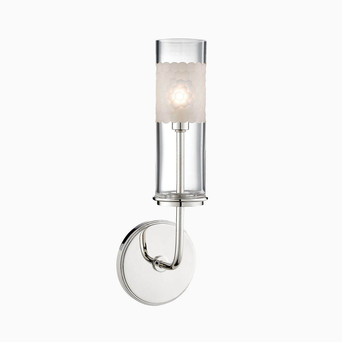 Elegant bath and vanity wall light in polished nickel with a round backplate, clear glass cylinder, and frosted honeycomb detail.