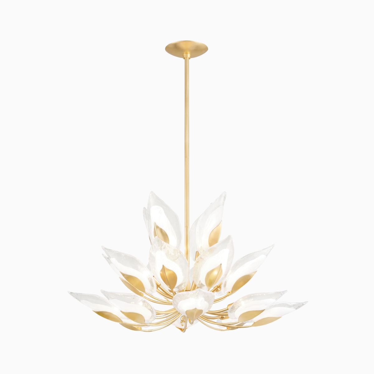 Gold leaf chandelier with sculptural glass petals arranged in layered form, blending artistic floral design with elegant modern style.