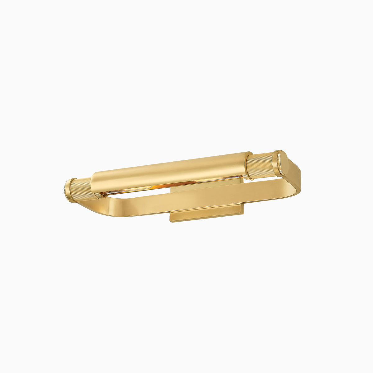Picture light in aged brass with a slim 18" cylindrical frame and knurled accents, delivering warm, focused illumination.