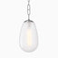 Oversized teardrop pendant with frosted glass shade and polished nickel chain for a refined finish.