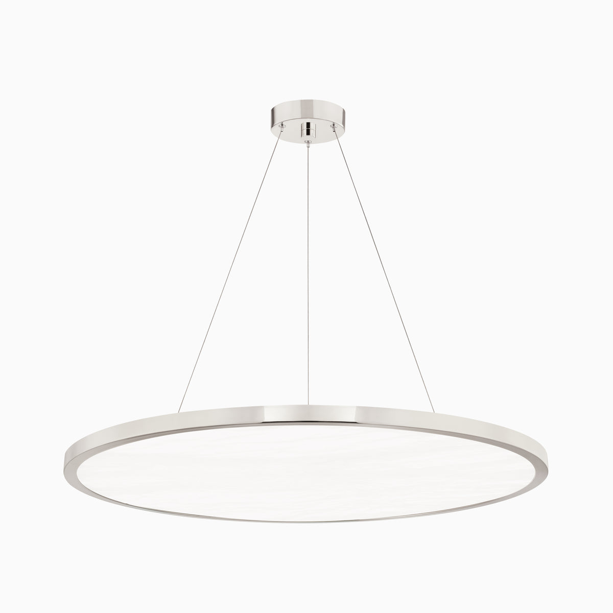 36" polished nickel chandelier with slim circular frame, suspended cables, and alabaster diffuser for a sleek modern minimalist design.