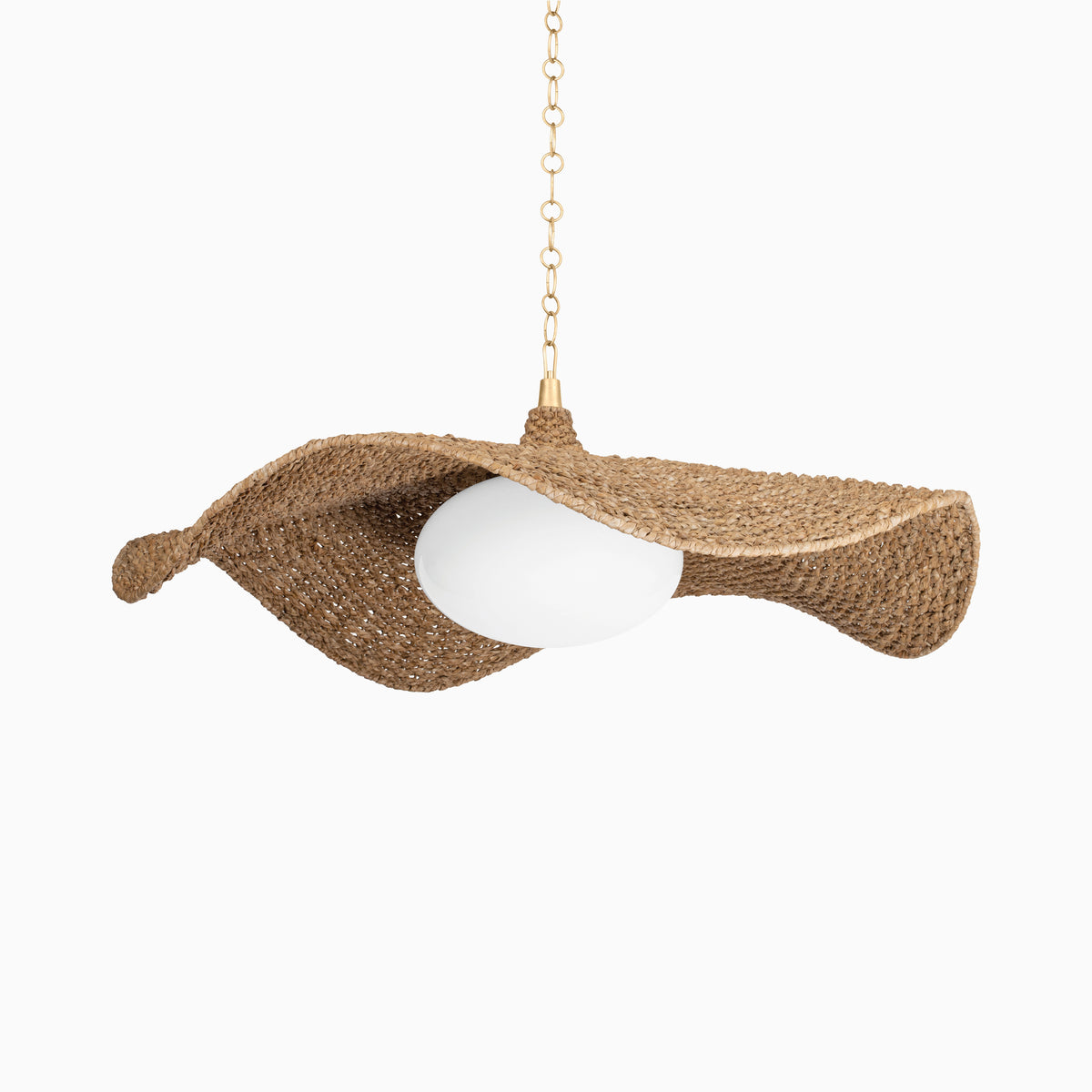 Woven leaf-shaped chandelier with vintage gold chain and frosted glass diffuser, blending natural texture with sculptural lighting.