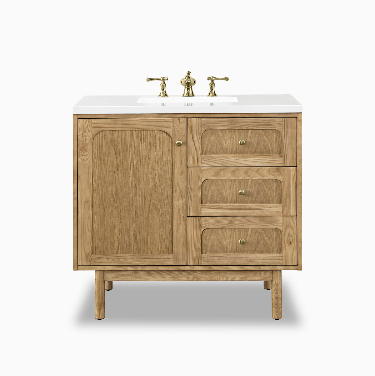 A 36 inch modern bathroom vanity with natural wood cabinet, white zeus countertop, and brass faucet.