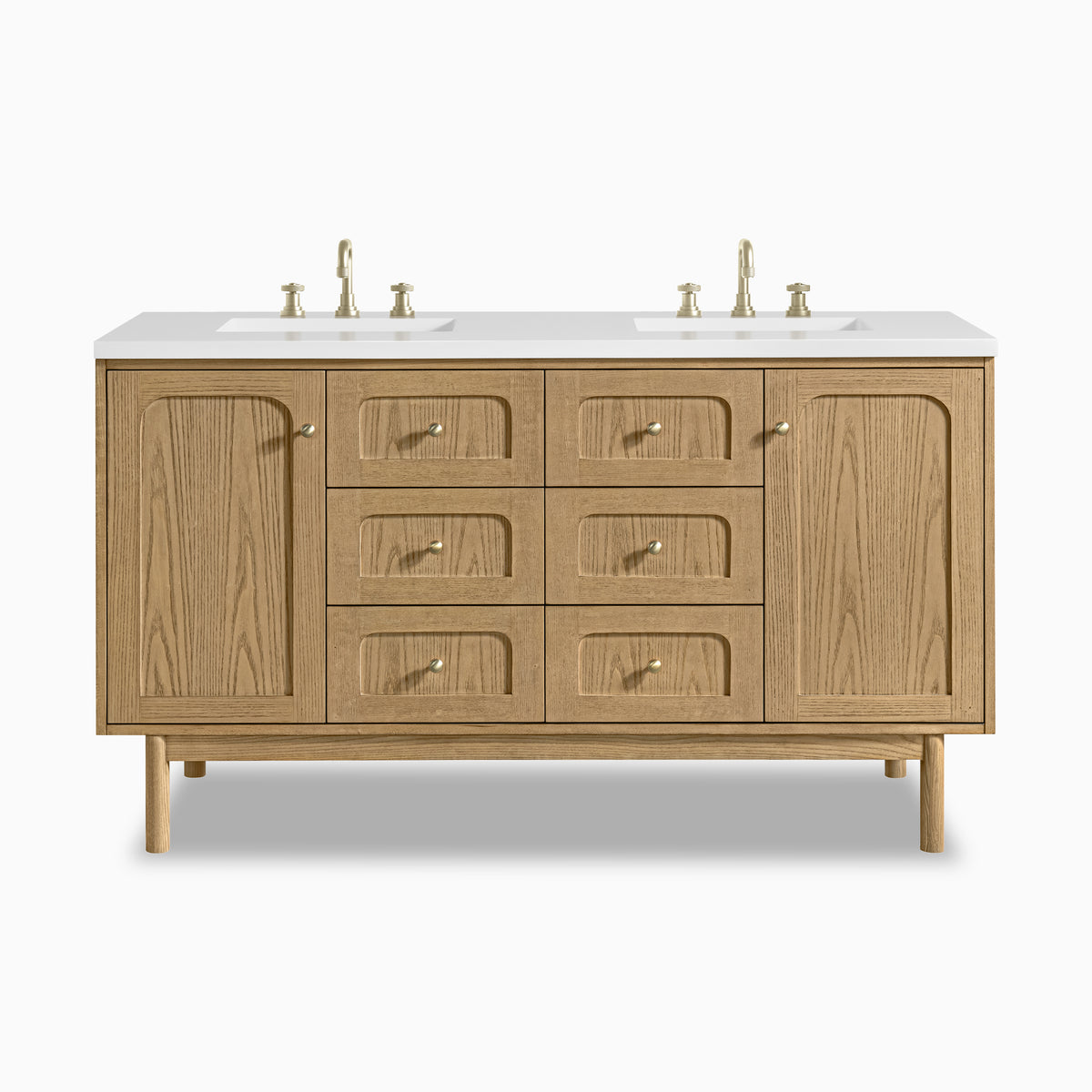 60" double vanity in light natural oak featuring two arched cabinet doors and six drawers beneath a white quartz integrated dual sinktop.