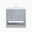 Bridgette 36" freestanding single vanity in serenity blue with satin nickel knobs and a crisp white quartz countertop.