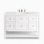 Bridgette 48" single vanity in Bright White with a 3 cm White Zeus Quartz countertop, featuring an undermount sink, six soft-close drawers with round brass knobs, a spacious open lower shelf for storage, and a clean freestanding design.