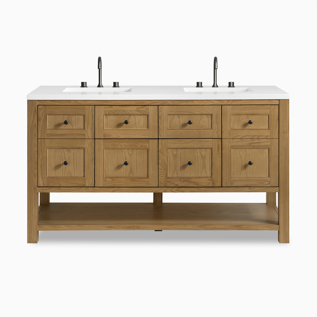 Bridgette 60" freestanding double vanity in light natural oak with black knobs and dual matte black widespread faucets.