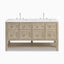 Bridgette 60" freestanding double vanity in whitewashed oak featuring satin nickel knobs and twin minimalist widespread faucets.