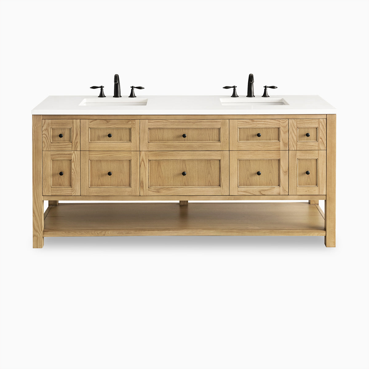 Bridgette 72" freestanding double vanity in light natural oak with matte black hardware, showcasing warm woodgrain and generous open shelf storage.