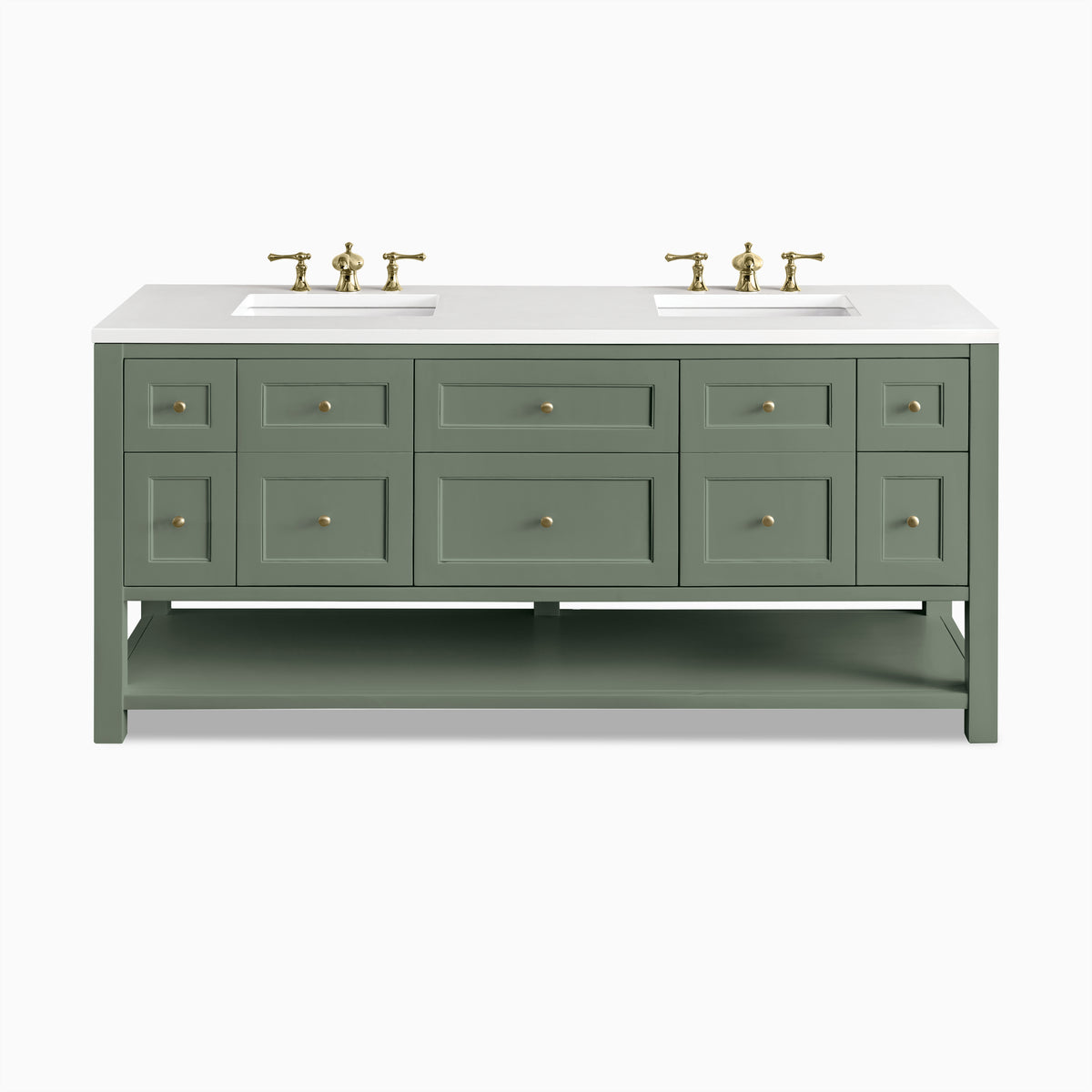 Bridgette 72" freestanding double vanity in soft green with brass knobs and crisp white quartz countertop, offering refined symmetry and open shelf storage.