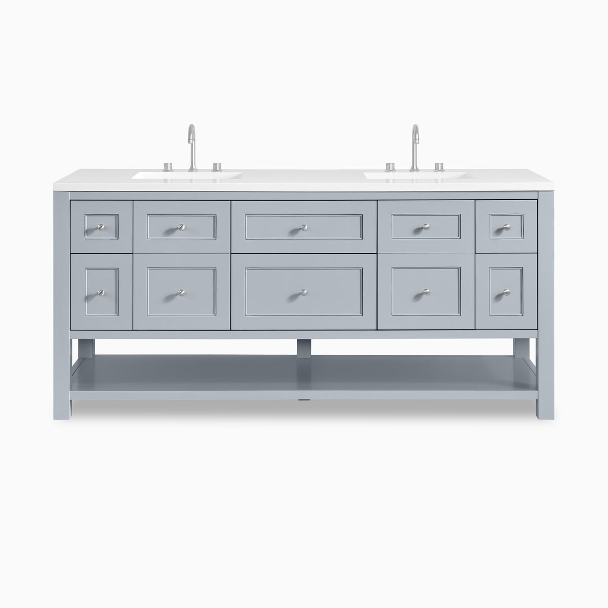 Bridgette 72" freestanding double vanity in serenity blue with satin nickel hardware and sleek white quartz countertop, exuding coastal elegance and ample storage.