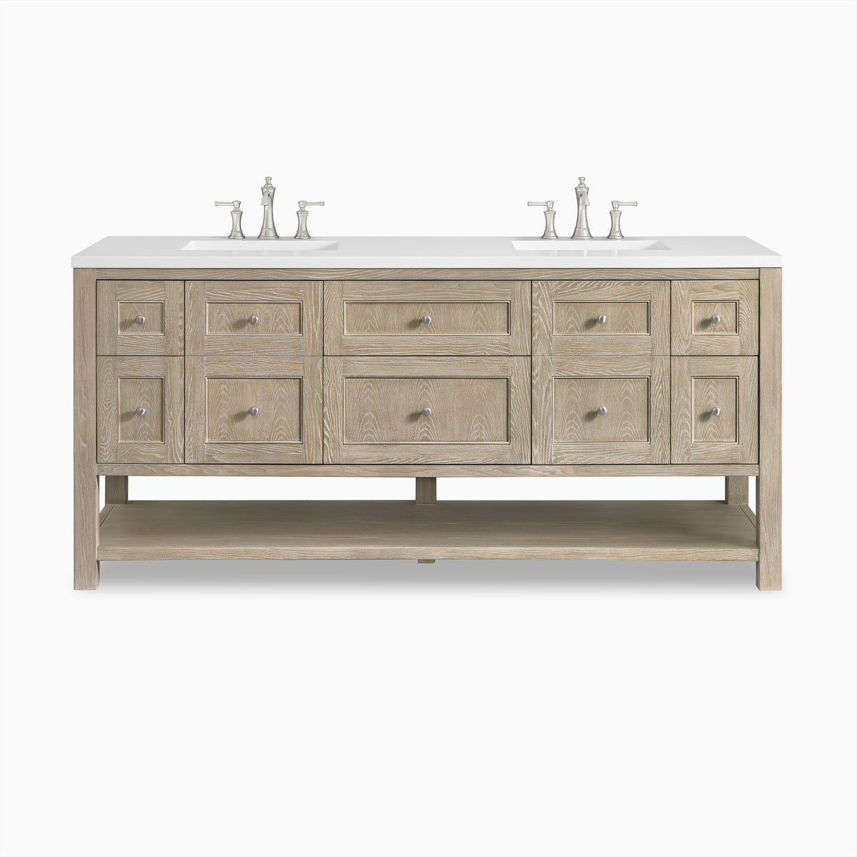 Bridgette 72" freestanding double vanity in whitewashed oak with satin nickel hardware and crisp white quartz countertop, blending rustic farmhouse charm with refined elegance.