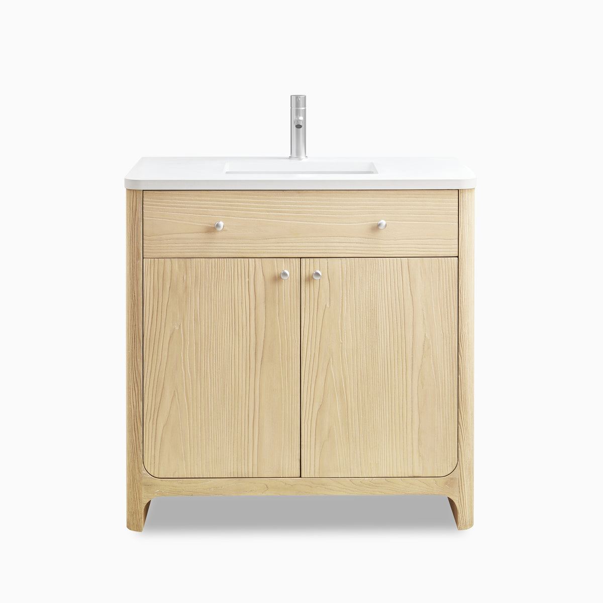 Coastal driftwood single vanity with white zeus quartz top, satin nickel knobs, and wide top drawer in a clean-lined, soft-edge design.