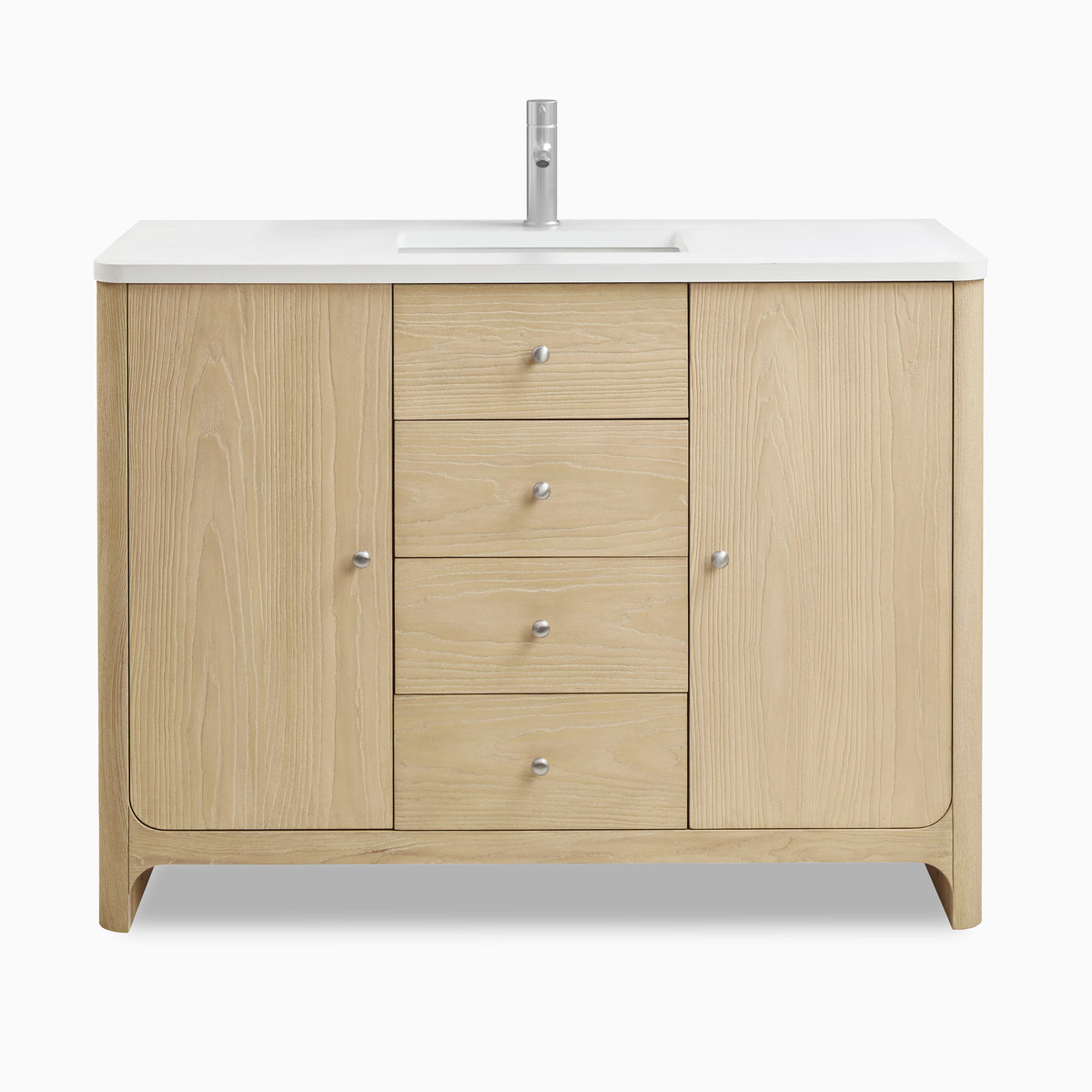 48" single vanity in coastal driftwood finish with white zeus quartz top, satin nickel knobs, and soft-edge modern farmhouse style.